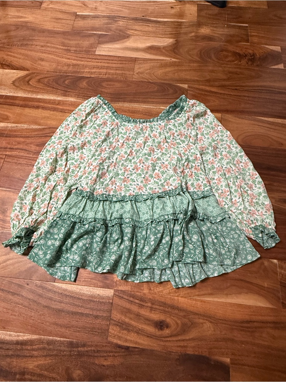 Cato Green & Blush Floral Smocked Neck Top